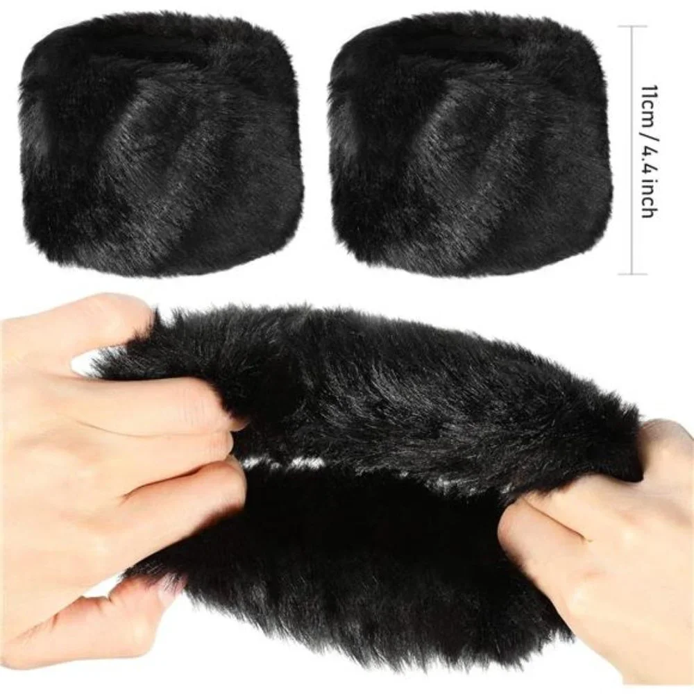 Black Fuzzy Faux Fur Pom Pom Wrist Cuffs Furry Arm Bands Arm Warmers Glove‎